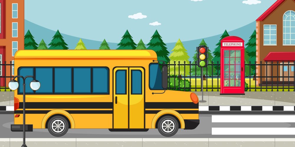 Street side scene with school bus on the road scene illustration